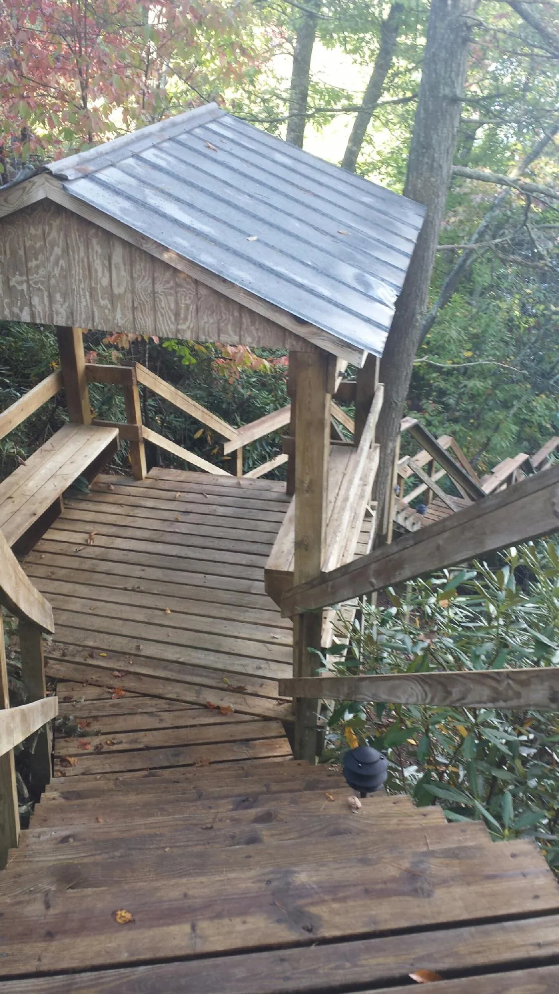 Metal roofed shelter over wooden steps on a wooded walkway — Skylight Repair & Installation work by our crew in Accident